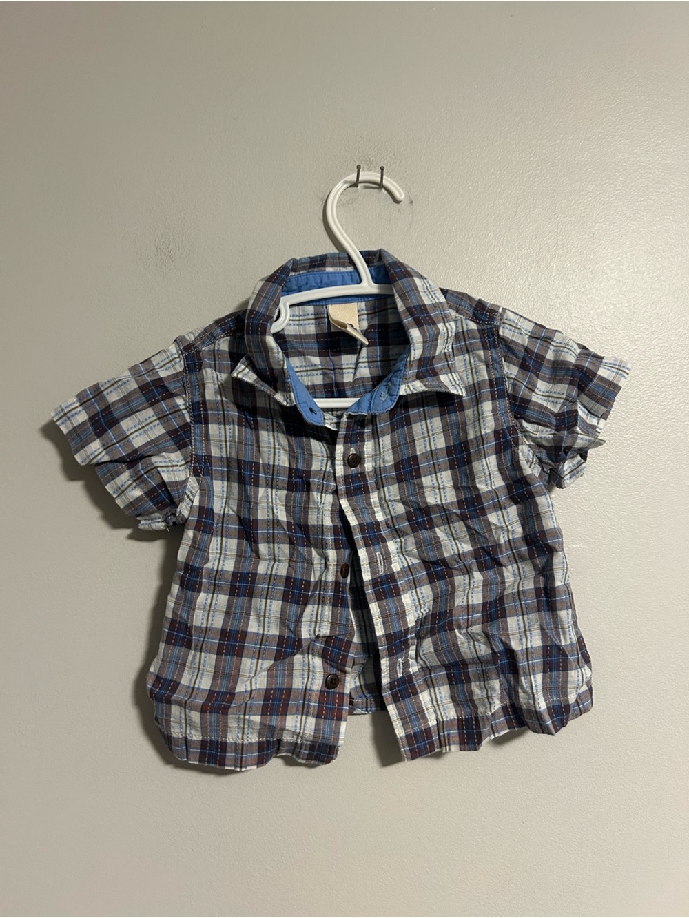 Old Navy 6/12m brown and blue Plaid Short-Sleeve Button-Down flannel Shirt